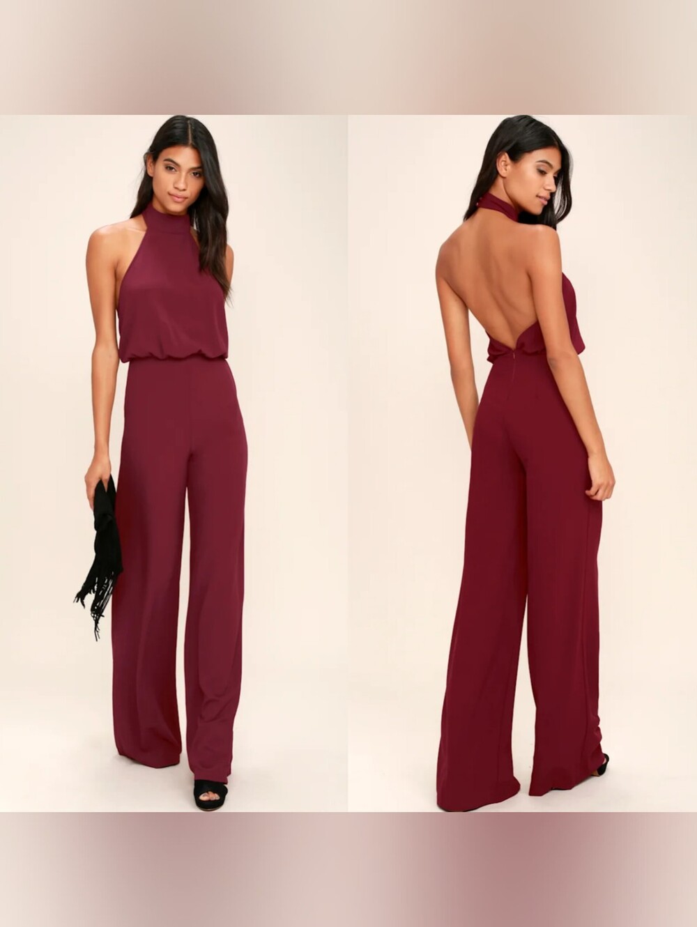 Lulus Moment for Life Wine Red Halter Jumpsuit Wedding Party Formal Feminine